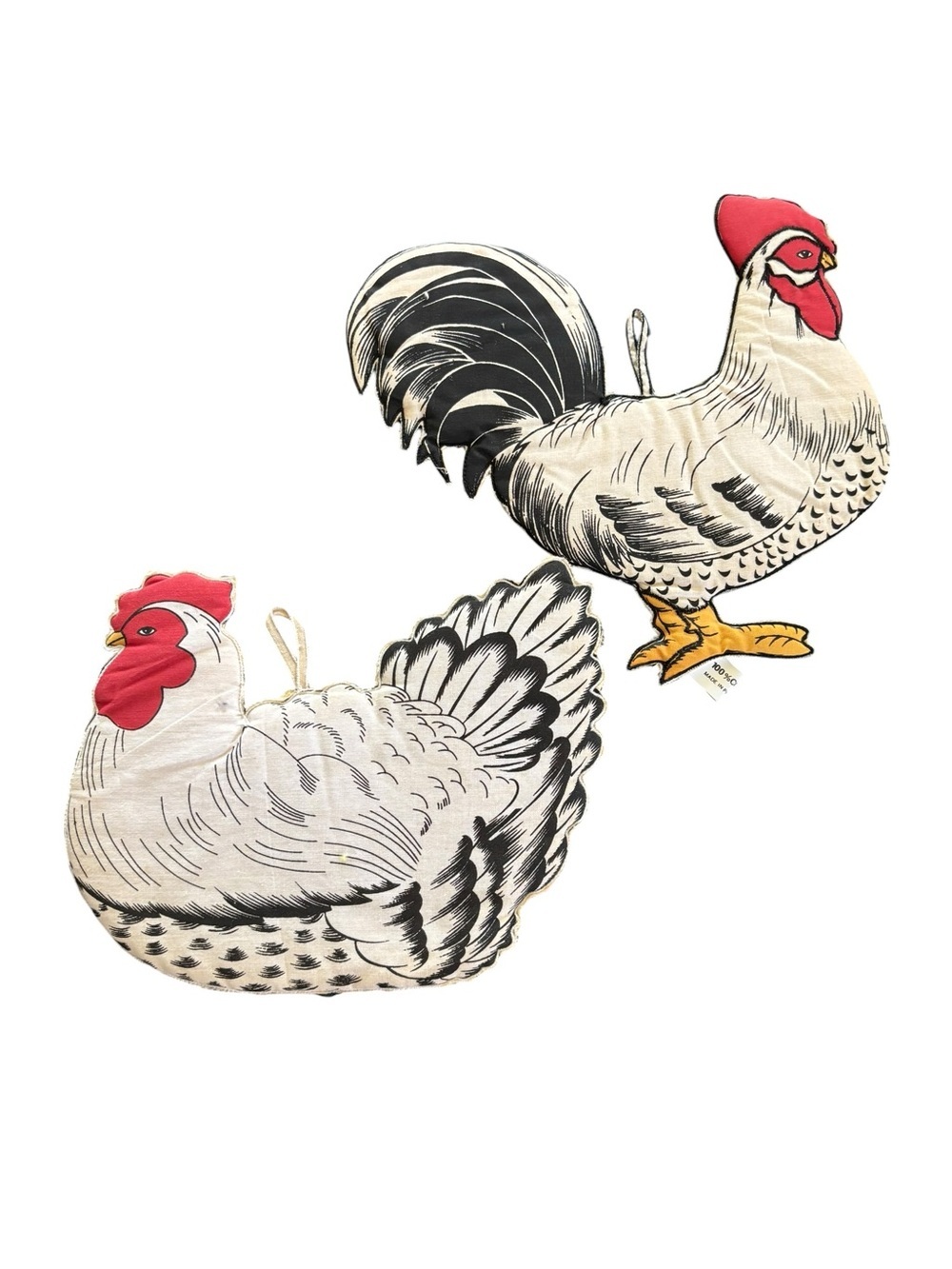 Set 2 Vintage Puffy Potholders Rooster $ Chicken Farmhouse Kitchen Decor Loops